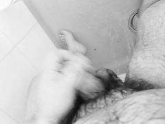 Fat hairy shower, playing with moobs and small uncut cock with cum shot