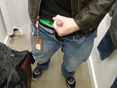 cheeky leather jacket wank in fitting room