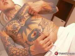 Inked jock Yoshi Kawasaki is draining his hard cock