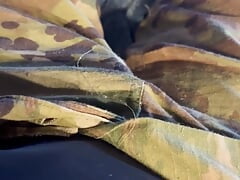 Army specialist jerks off in his uniform wearing a jock and wrestling singlet under the uniform