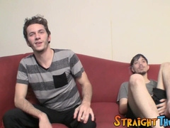 Two young straighties are competing who will cum first