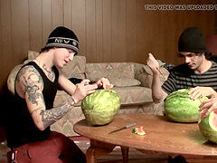 Straight inked fellows plumb watermelons until spunking