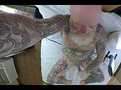 Gay pierced cock, inked cock, gay stroking cock