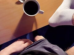 Jerking off a big cock in white socks and cum in my coffee