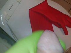 Green rubber glove wank