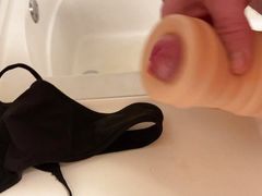 Use pocket pussy to cum on wifes black thong