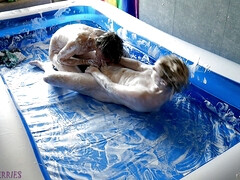 Foam wrestling and anal bareback sex in the pool!