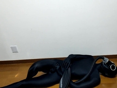 Sighing manage Zentai fetish with a condom bag