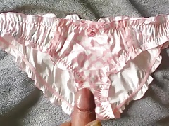 Throwing A Load Over Her Pink Spotty Satin Panties