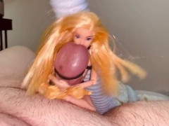 Cum-covered sex doll tied up and jerked off on Barbie