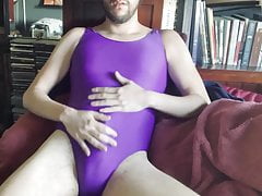 Wank and large cum in womens spandex lycra purple leotard