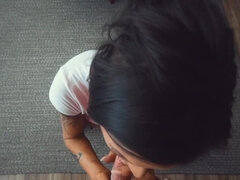 Tanned MILF with huge melons sucks lover's cock in POV