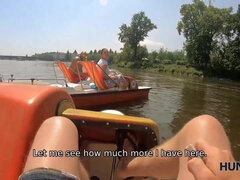 HUNT4K. After fun on catamaran busty beauty rides hunters dick in forest - Milf