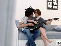cute dark-haired nubile gets a creampie during a guitar lesson