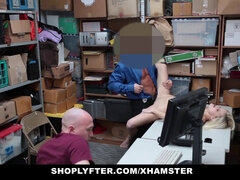 Madison Hart gets her blonde pussy drilled by a sleazy officer & her boyfriend watches in delight