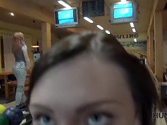 Cuckold guy watches rich dude bang a desperate teen in bowling alley POV
