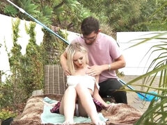 Young petite blonde is stretched out by the pool boy