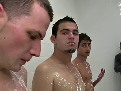 Wet str8 studs go gay for college fraternity under shower