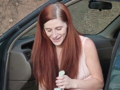 Moaning outdoors, almost caught road, pale skin freckles