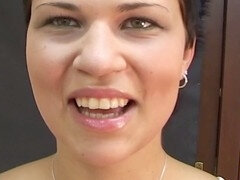 Tattooed short-haired brunette excels in blowjob skills, making him cum fast