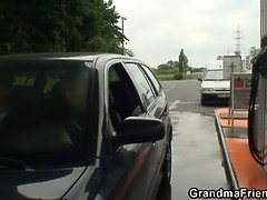 Old bitch takes two cocks outside