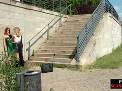 Slutty public redhead pounded in front of many voyeurs