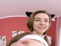 Gentle cat Alice Klay fills her sweet slit with a long sex toy VR