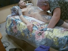 Stepson gets deep throat blowjob from stepmom and shoots his load while she watches