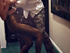 Giggly short haired brunette deepthroats and fucks