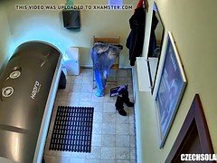 Brunette Teen Girl Tanning her Tight Shaved Pussy