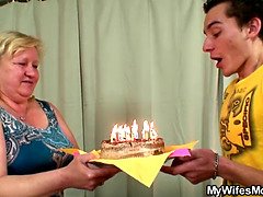 Big belly mother inlaw sucks and rides his young cock