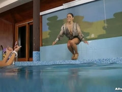 お尻, ジーンズ, キス, プール, サテン, 水中, 濡れ