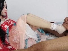 Sensual footjob in lace socks and tang outfit with a milky finish