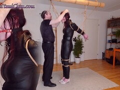 緊縛, ボンデージ, 開帳, ヒール, レザー, 赤毛