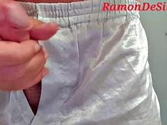 Master Ramons short warm up massage in hot silver satin shorts, jerk off at full throttle, full version