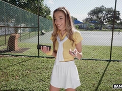 Petite babe with thin lines, Alexis James, gets picked up by a random dude and invited into his bang bus for nothing less than a heavy dose of cock in