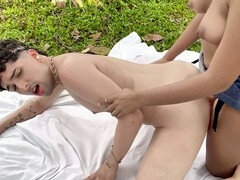Bisexual orgy with gardener featuring real public action