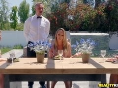 Clothed dude gives naked blonde a hard fuck in the kitchen