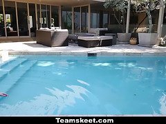 Ruby Redhead gets her natural tits fondled by the swimming coach in public