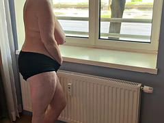 Mr MF Jerks Cock Gazing at BBW Mature Feet by Window, Orgasms In Bed