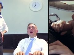 Four busty interns fuck boss's big dick in the office