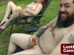 Busty Blonde Belle Fatale Loses Strip Memory Game - Outdoor Threesome Handjob