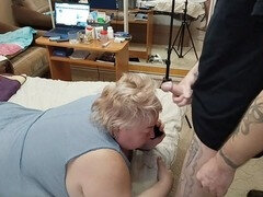 Step-mom ignores me playing with myself, ends up with cum on her head