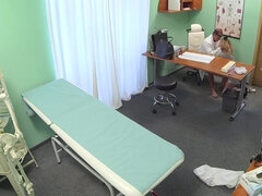 Curly-haired blondie sucks doctor's cock and gets fucked during a check-up