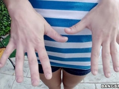 Pretty petite 18 y/o teen gives great handjob outside