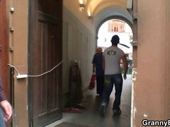 Watch this busty blonde granny ride his hard cock with her massive tits bouncing