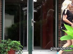 Naughty blonde and redhead girls desperate for a pissing fix in public