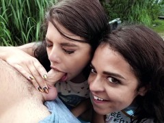 Gina Valentina and Vienna Black give blowjob outdoors