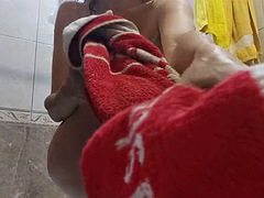 Sexy lady lifted her skirt and no panties. hairy pubes. big lips. playing with a pussy. hot MILF takes a bath