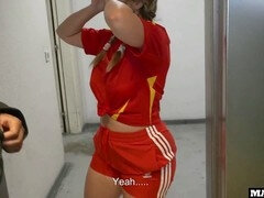 Curvy Spanish fan gets double penetrated and pounded hard in a parking lot after the soccer match